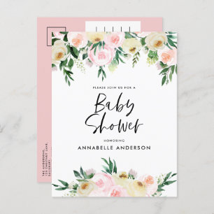 Baby shower watercolor pink girly floral script invitation postcard
