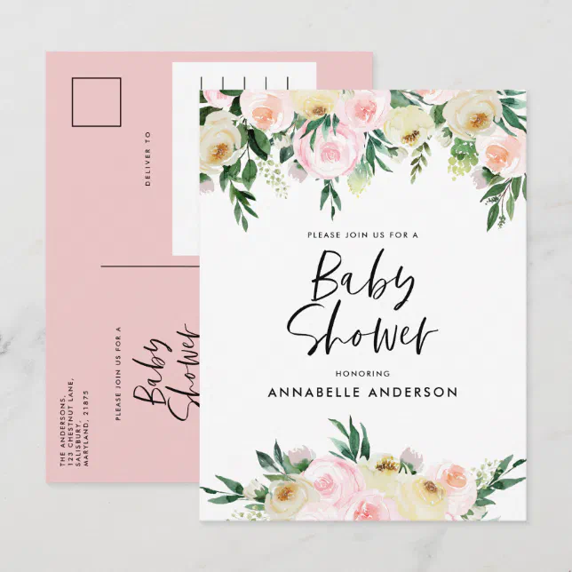 Baby shower watercolor pink girly floral script invitation postcard ...