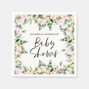 Baby shower watercolor pink girly floral script napkins