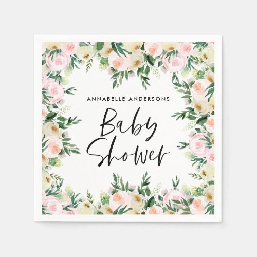 Baby shower watercolor pink girly floral script napkins
