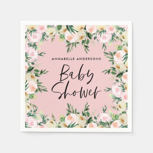 Baby shower watercolor pink girly floral script napkins