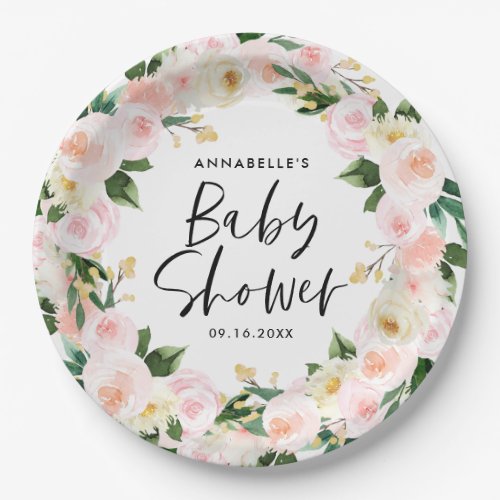 Baby shower watercolor pink girly floral script paper plates