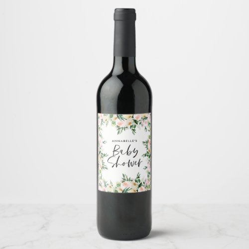 Baby shower watercolor pink girly floral script wine label