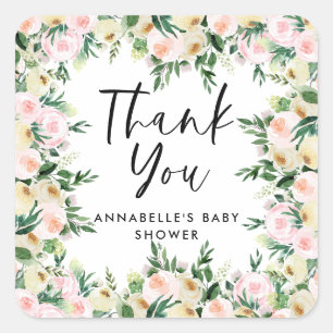 Baby shower watercolor pink girly floral thank you square sticker