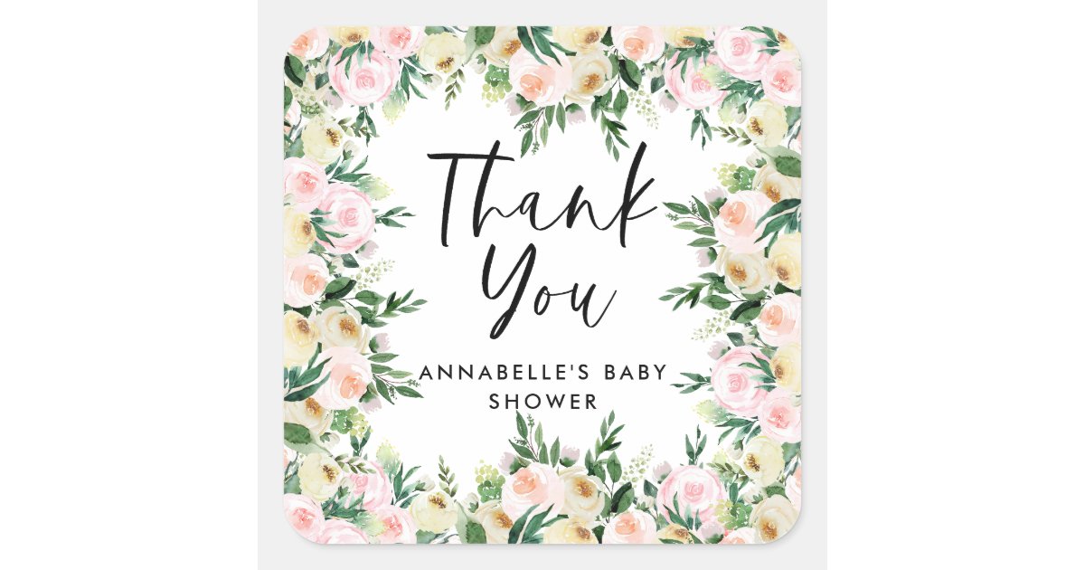 Baby shower watercolor pink girly floral thank you square sticker | Zazzle