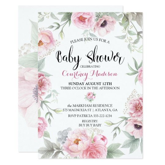 Baby Shower Watercolor Pink Roses Flowers Invitation