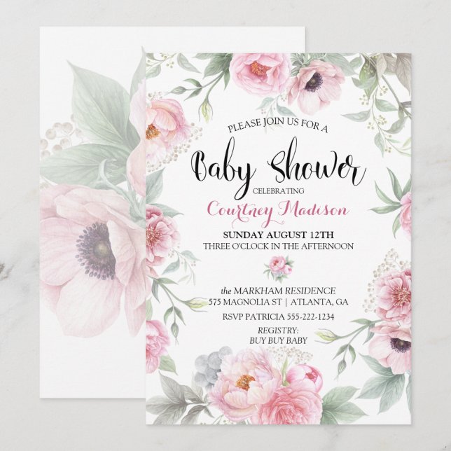 Baby Shower Watercolor Pink Roses Flowers Invitation (Front/Back)