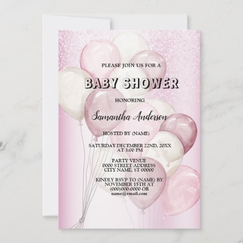 Baby Shower Watercolor Pink White Balloons Party Invitation