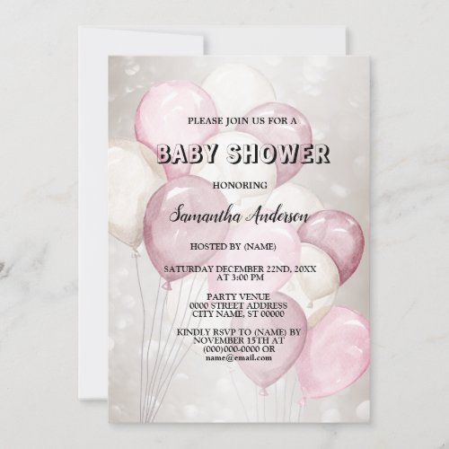 Baby Shower Watercolor Pink White Balloons Party Invitation