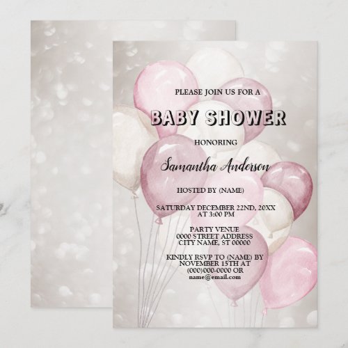 Baby Shower Watercolor Pink White Balloons Party Invitation