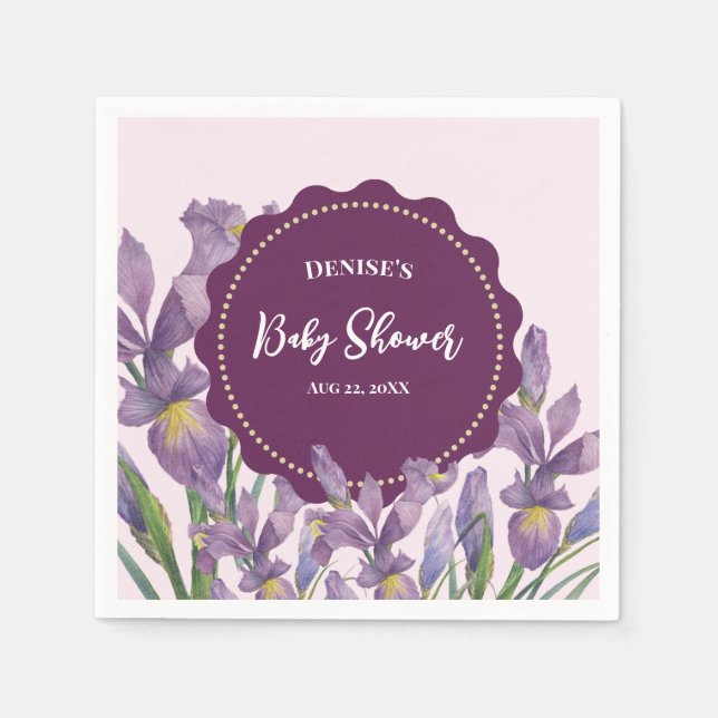 Baby Shower Watercolor Purple Irises Botanical Fav Napkins (Front)