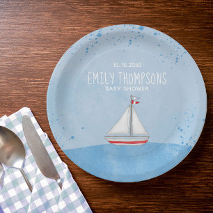 Baby Shower Watercolor Rustic Modern Sailboat Paper Plates