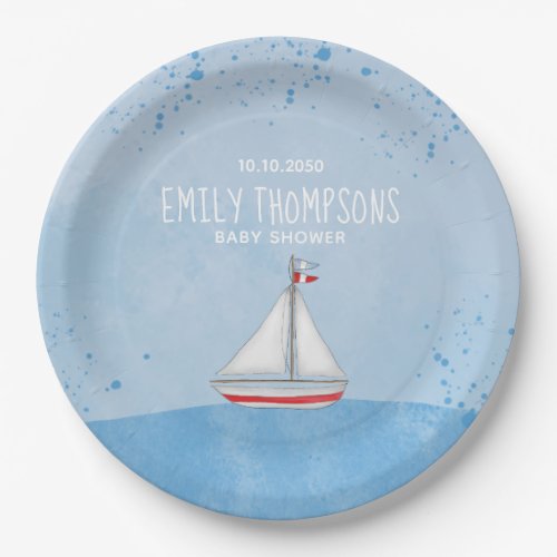 Baby Shower Watercolor Rustic Modern Sailboat Paper Plates