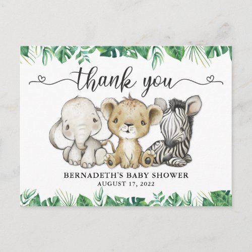 Baby Shower Watercolor Safari Animals Thank You Po Postcard