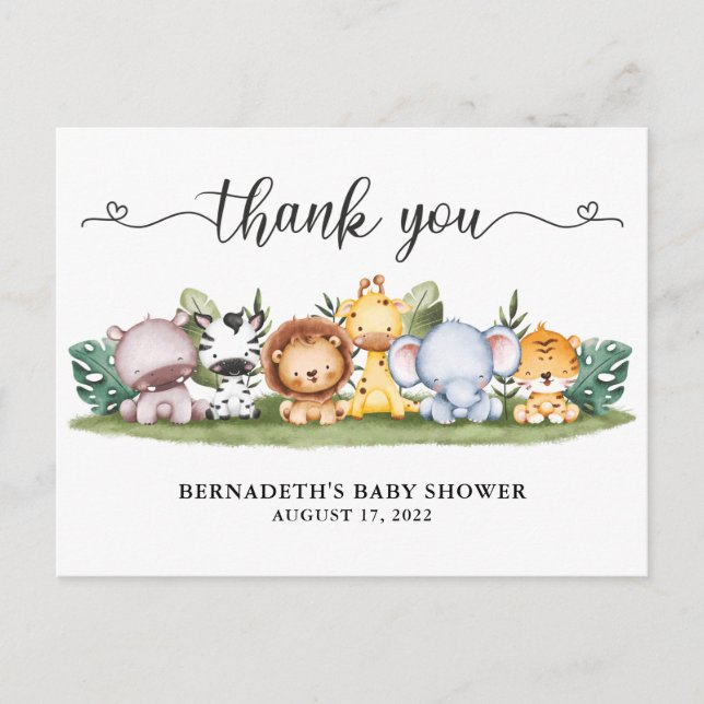 Baby Shower Watercolor Safari Animals Thank You Po Postcard (Front)