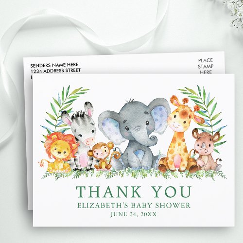 Baby Shower Watercolor Safari Animals Thank You Postcard