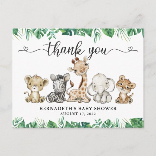 Baby Shower Watercolor Safari Animals Thank You Postcard