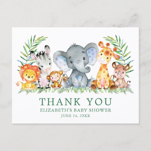Baby Shower Watercolor Safari Animals Thank You Postcard