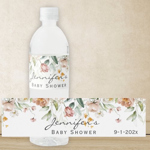 Baby Shower Watercolor Still Life Floral Drop Water Bottle Label