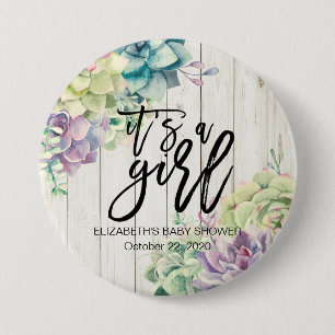 Baby Shower Watercolor Succulent Plants White Wood Button