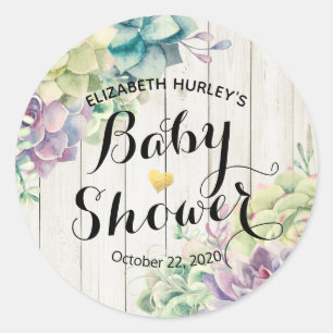 Baby Shower Watercolor Succulent Plants White Wood Classic Round Sticker