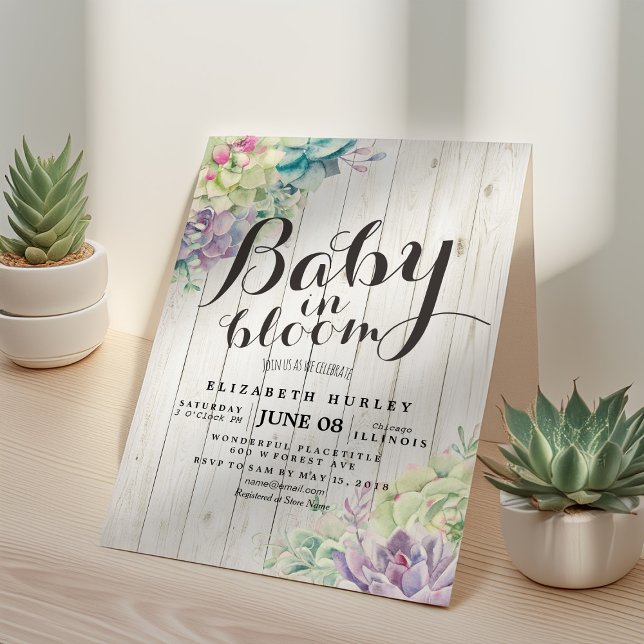 Baby Shower Watercolor Succulent Plants White Wood Invitation (Creator Uploaded)