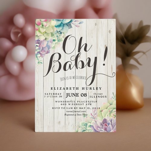 Baby Shower Watercolor Succulent Plants White Wood Invitation