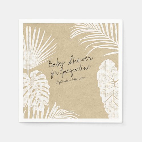 Baby Shower Watercolor Tropical Leaf Coastal Kraft Napkins