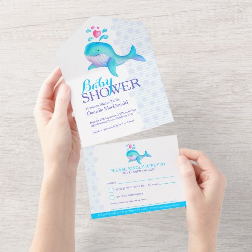 Baby shower watercolor whale blue aqua all in one invitation