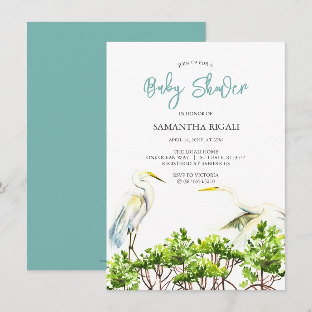 Baby Shower Watercolor White Heron Mangroves Invitation (Front/Back)