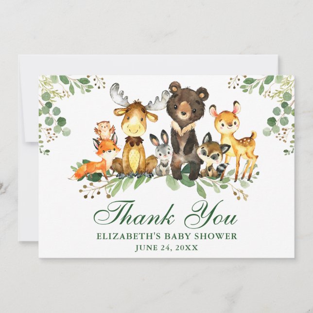  Baby Shower Watercolor Woodland Animals Thank You Card (Front)