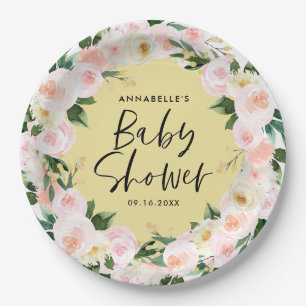 Baby shower watercolor yellow girly floral script paper plates