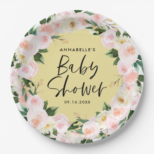 Baby shower watercolor yellow girly floral script paper plates