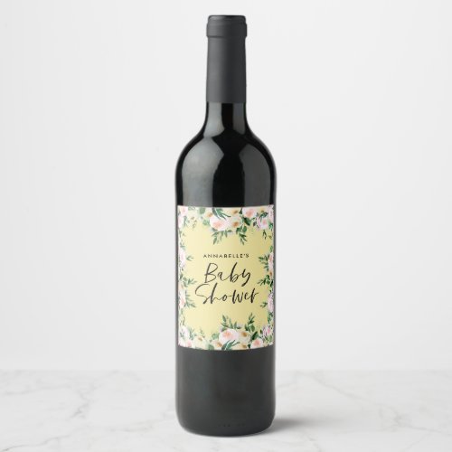 Baby shower watercolor yellow girly floral script wine label