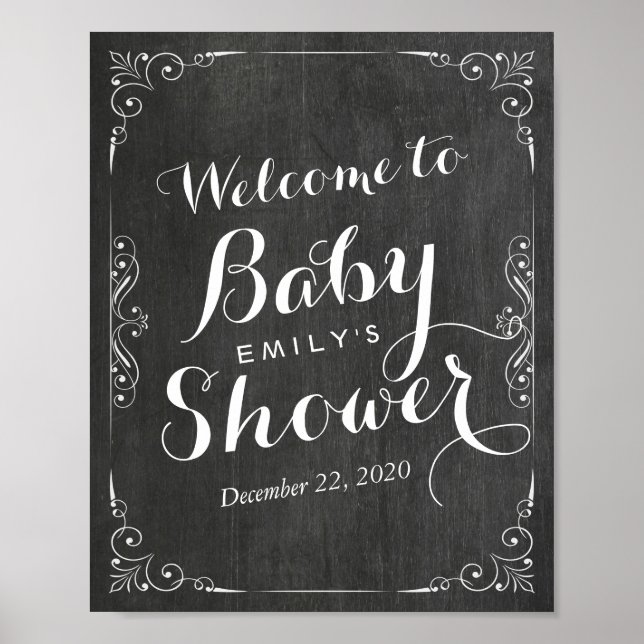 Baby Shower Welcome Black White Floral Chalkboard Poster (Front)