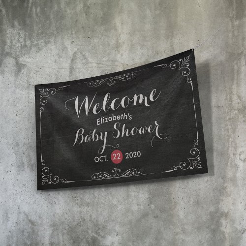 Baby Shower Welcome Black White Flowers Chalkboard Banner