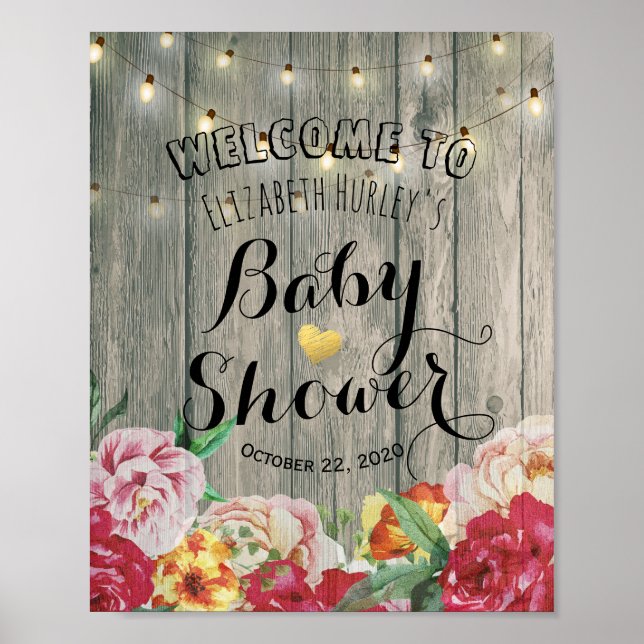 Baby Shower Welcome Chic Flowers String Light Wood Poster (Front)