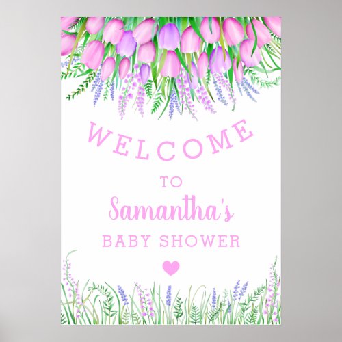 Baby Shower Welcome Floral Lavender Tulip Greenery Poster