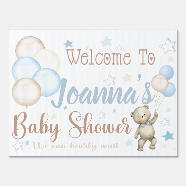 Baby Shower Welcome Sign Board Teddy Bear Blue (Front)