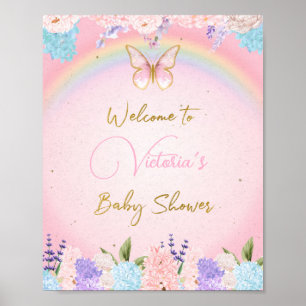 Baby Shower Welcome Sign, Butterflies Rainbow Poster