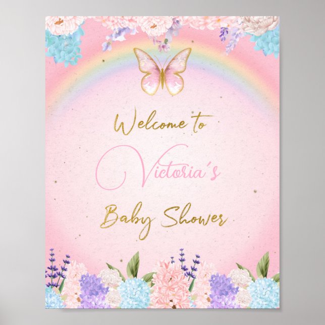 Baby Shower Welcome Sign, Butterflies Rainbow  Poster (Front)