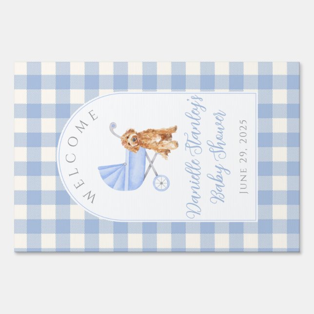 Baby Shower Welcome Sign Puppy Dog Gingham (Front)