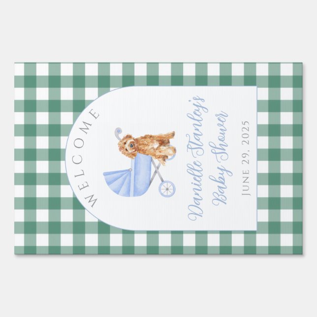 Baby Shower Welcome Sign Puppy Dog Gingham (Front)