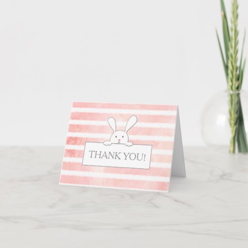 Baby Shower White Bunny Pink Stripe Thank You Card