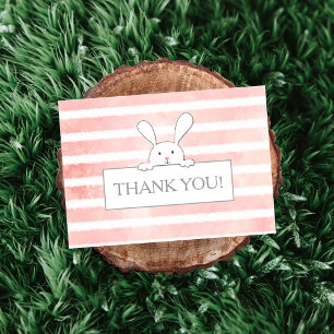 Baby Shower White Bunny Pink Stripe Thank You Card