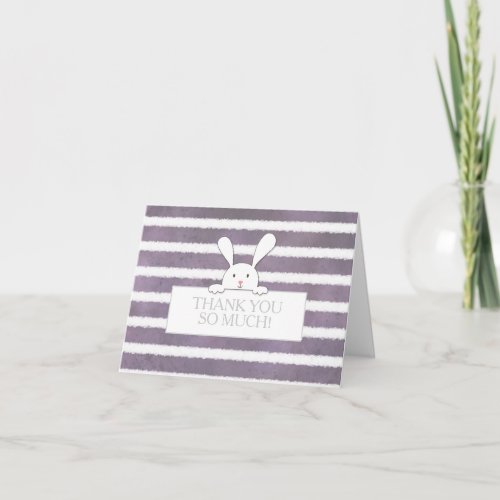 Baby Shower White Bunny Purple Stripe Thank You Card