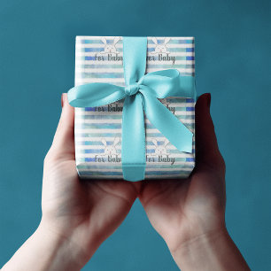 Baby Shower White Bunny Rabbit Blue Stripe Wrapping Paper