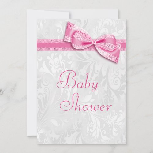 Baby Shower White Damask and Faux Pink Bow Invitation