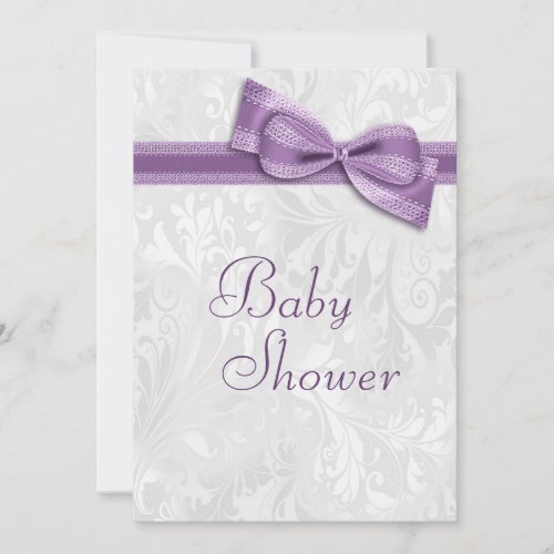 Baby Shower White Damask and Faux Purple Bow Invitation