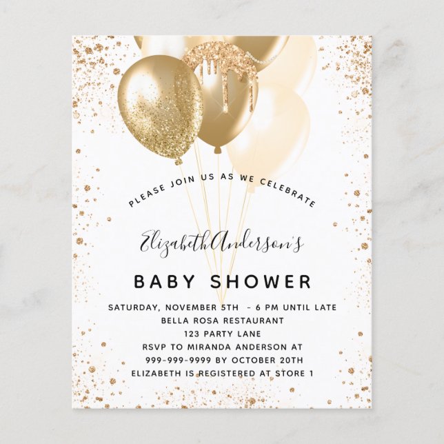 Baby Shower white gold balloons budget invitation (Front)